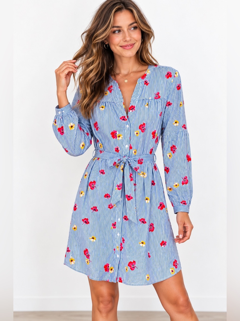 Old Navy Blue Stripe Floral Cotton Shirt Dress L Tie Waist Button Front